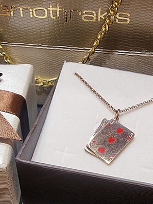 Silver 925 playing cards pendant necklace with long chain, rose gold plated