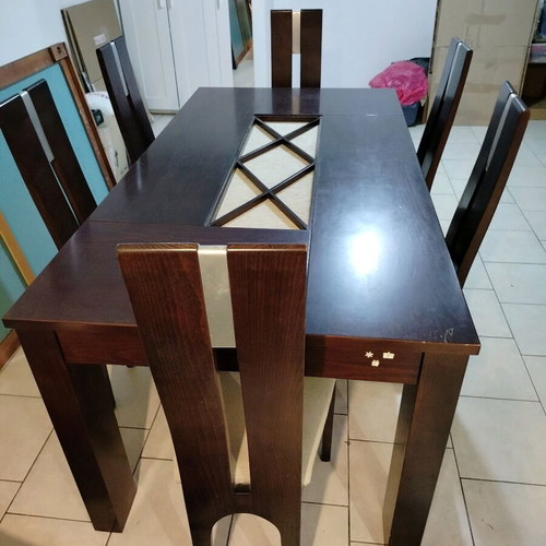Solid wood living room dining table used with 6 chairs and glass top