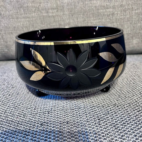 Glass cup dark purple glass with gold leaves like new