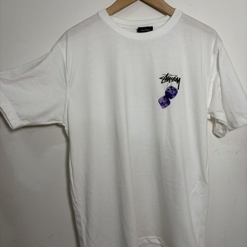 Stüssy T-shirt white with purple dice graphic, size L