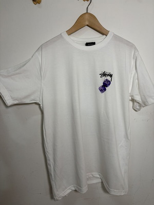 Stüssy T-shirt white with purple dice graphic, size L