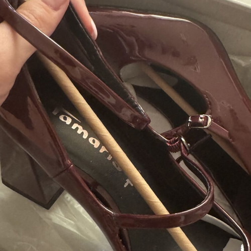 Tamaris Mary Jane patent leather pumps with straps and block heel