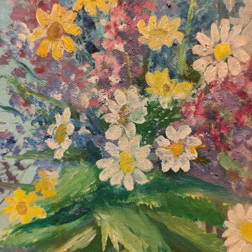 Oil painting on canvas used, flowers in window with wooden frame