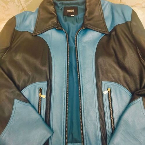 Versace unisex leather jacket, black and blue, size L