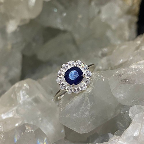 Handmade silver ring with natural blue sapphire and moissanites, new
