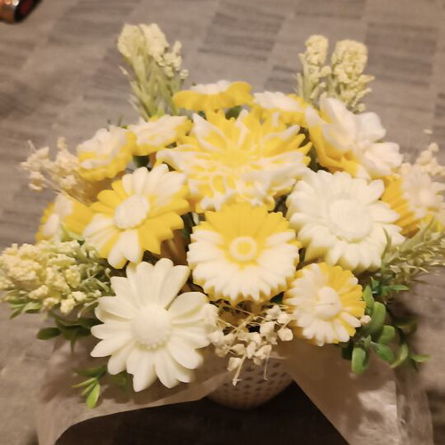 Flower bouquet in ceramic pot with soy candle lemon pie scent