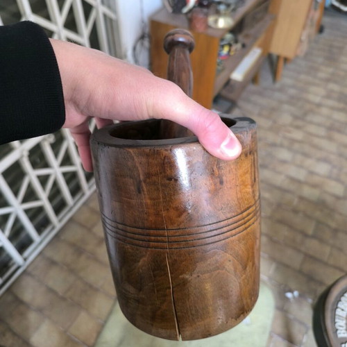 Wooden mortar used, cracked decorative