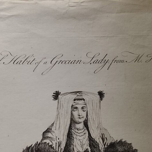 Copper engraving used, bridal dress of Greek lady with wedding customs description