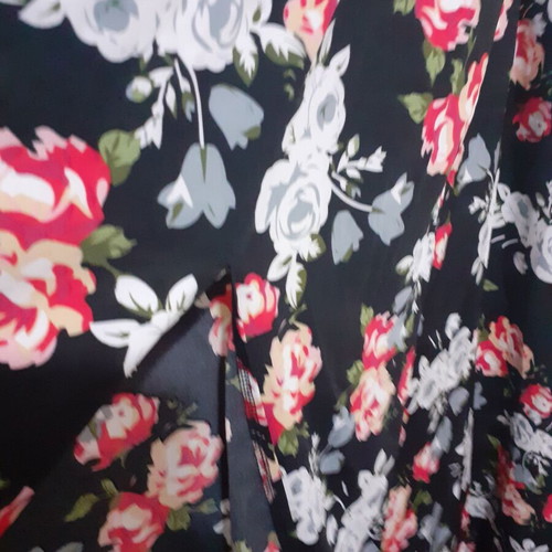 Long dress new with slit and back tie, black with floral pattern