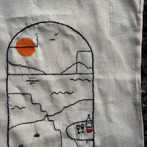 Handmade embroidered canvas shoulder bag new, black and beige