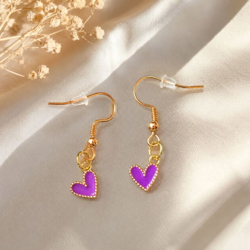 Dangle Earrings with Purple Heart and Gold Tone New