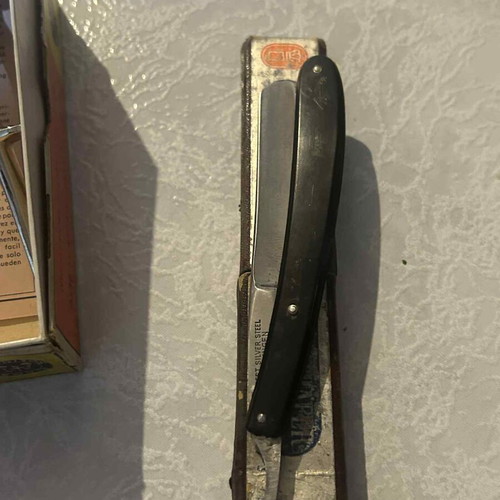 Barber items used, vintage set of 7 pieces with Solinger razor