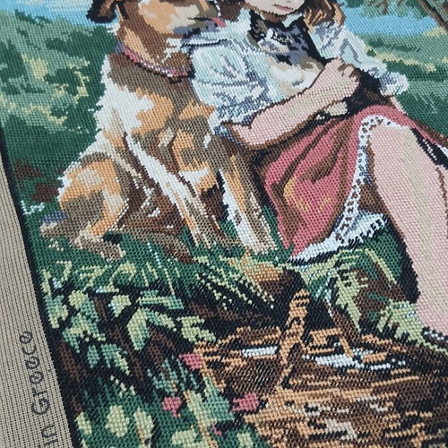 Handmade cross-stitch embroidery 60×80 with girl and pets