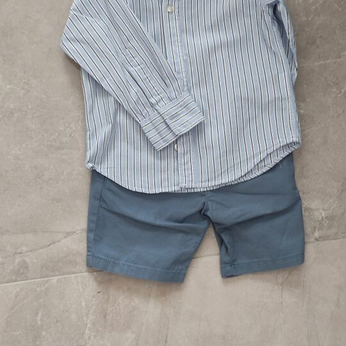 Clothing set No.2 with striped shirt and blue adjustable waist shorts like new