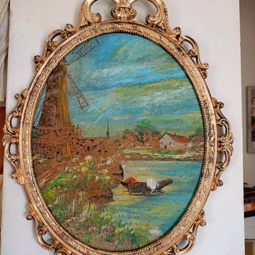 Old oil painting in bronze frame 45x32 like new