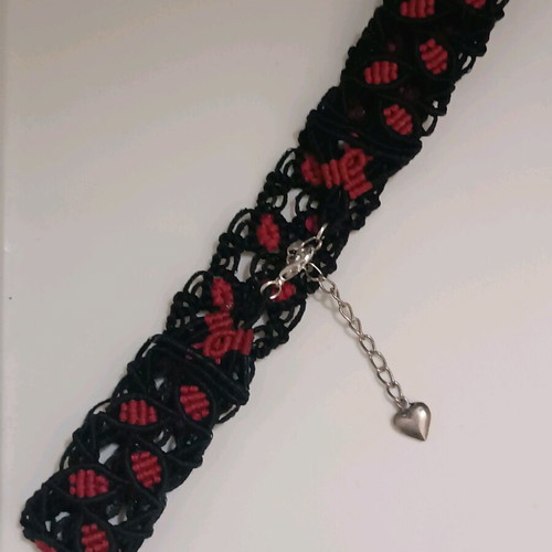 Handmade macrame choker new, black with red cherry leaves