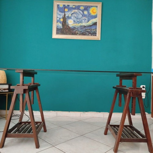 Desk with Glass Top on Two Sawhorses Like New