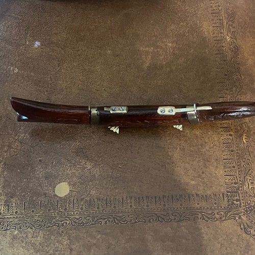 Vintage wood and brass fish carving set with meat fork and carving knife like new