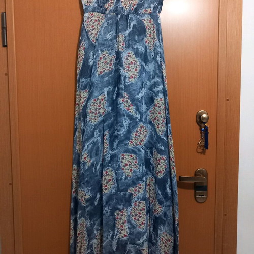 Long printed dress s/m like new with smocked bust and ruffles