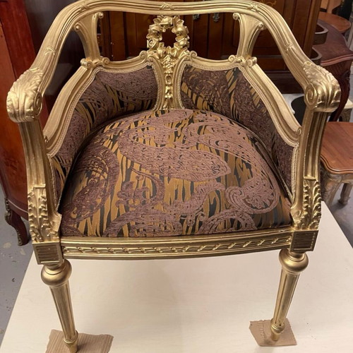 Pair of Louis XVI style armchairs with gold leaf finish and damask upholstery
