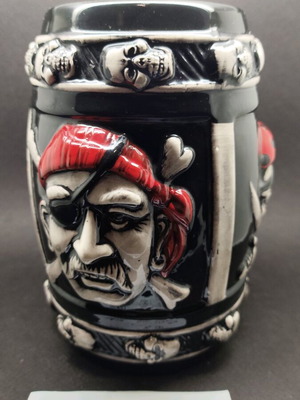 Pirate ceramic mug used with 3d depictions of three pirates