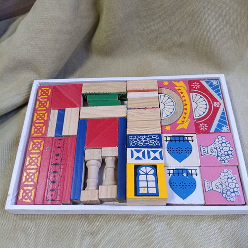 Vintage Wooden Building Blocks Castle set used, 38 pieces