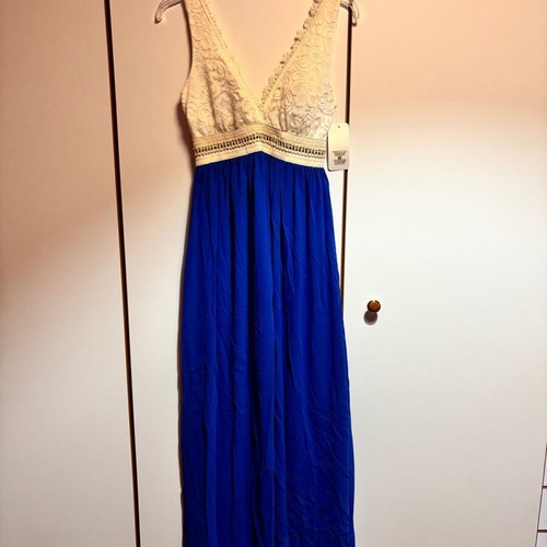 Anonima dress new, blue with beige lace, size Medium