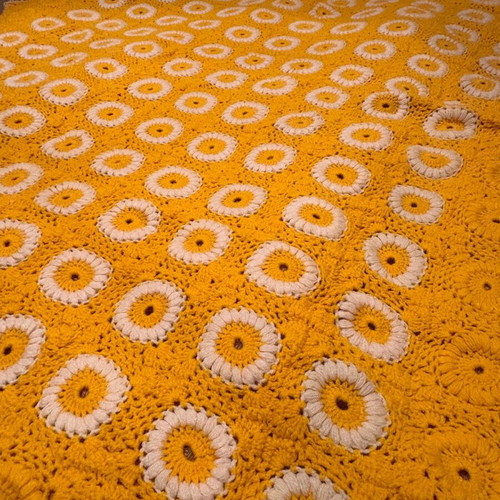 Handmade crochet blanket like new, yellow with flowers