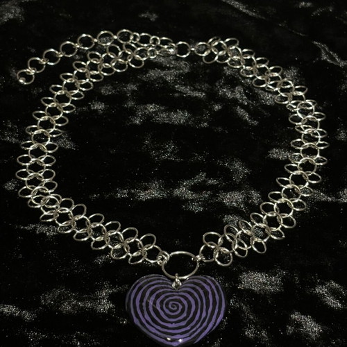 Chainmail Spiral Heart Necklace handmade, black and purple