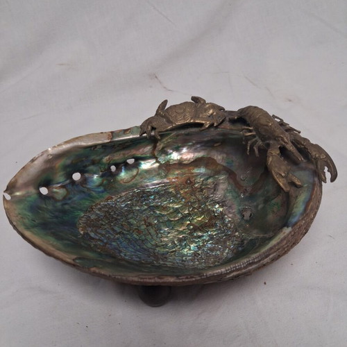 Abalone Shell Bowl with Brass Lobster and Crab, Like New