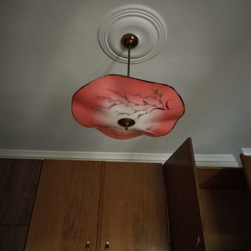 Vintage ceiling light used, opaline glass pink coral