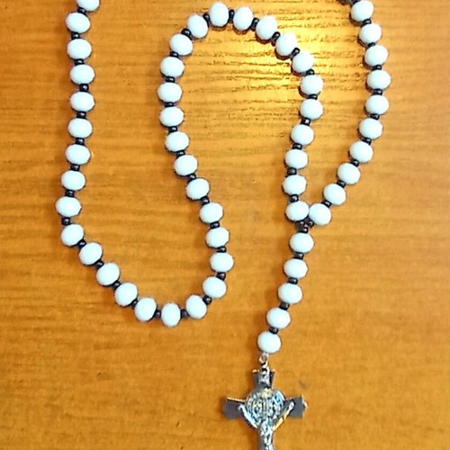 Necklace rosary new, metal medallion and faceted glass beads