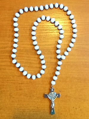 Necklace rosary new, metal medallion and faceted glass beads
