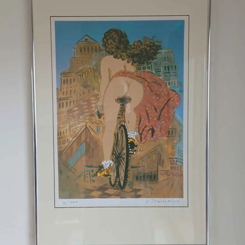 Silk Screen Print The Cyclist by Giorgos Stathopoulos like new, silver frame