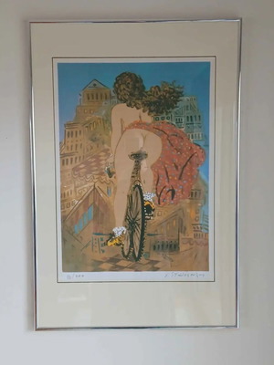 Silk Screen Print The Cyclist by Giorgos Stathopoulos like new, silver frame