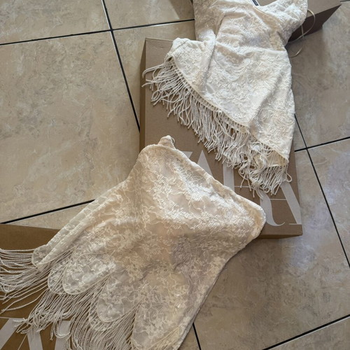 Zara asymmetric beaded lace top and fringe lace skirt set, new, ecru