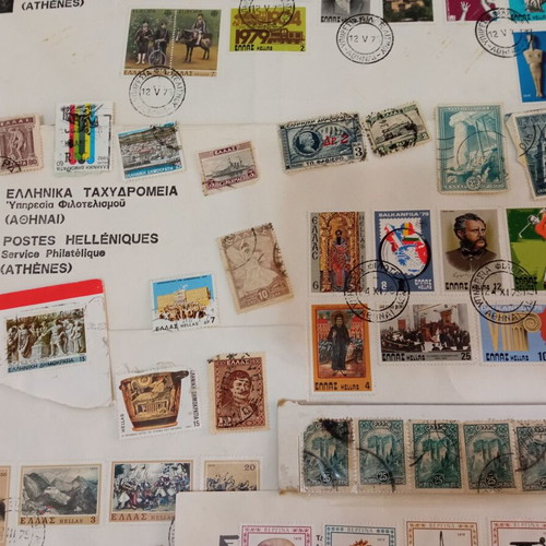 Vintage Greek Stamp Collection with Covers and Philatelist Receipts used