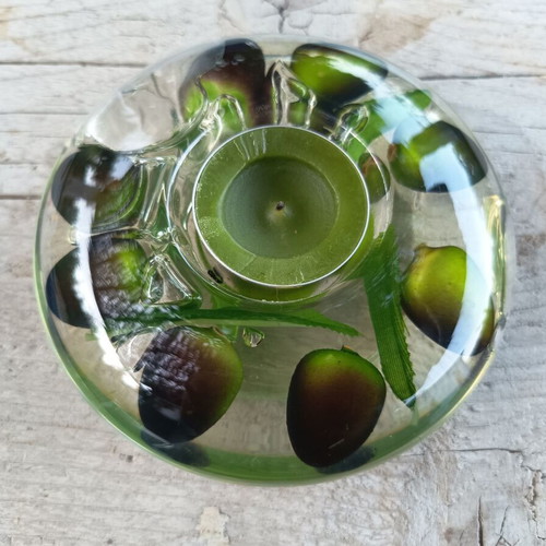 Vintage acrylic glass tealight holder with olive motif, like new