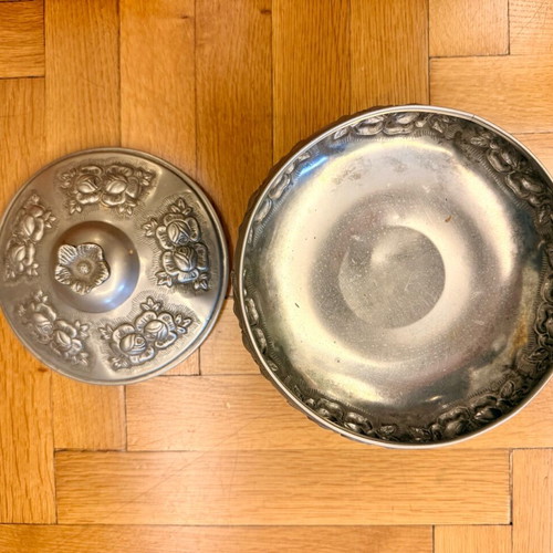 Vintage metal bowl with lid and base used, embossed floral design