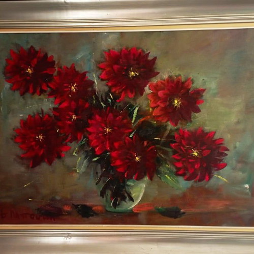 Oil painting Red Chrysanthemums by Dora Bouki in excellent condition