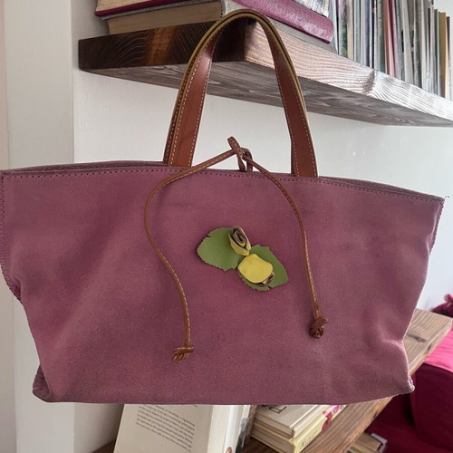 Stefanel leather suede handbag used, pink with floral design