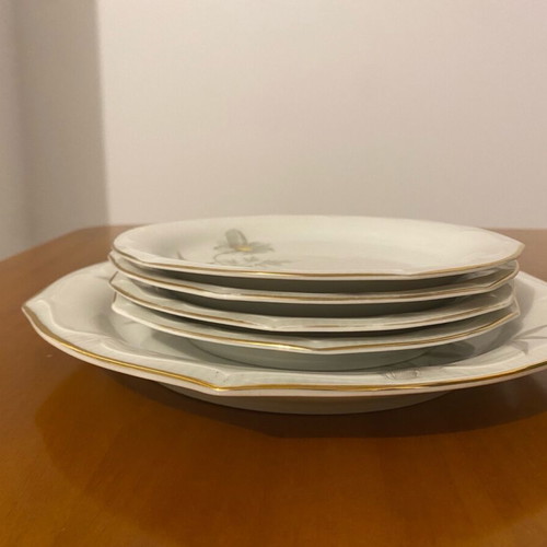 Set of 4 small plates and 1 large vintage plate used with gold detail