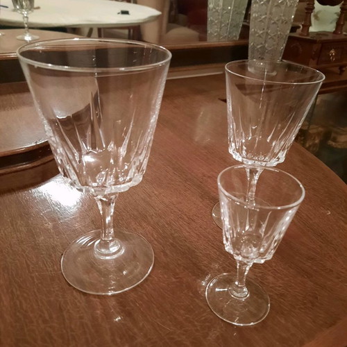 Crystal glassware set used with 11 water glasses, 12 wine glasses, 12 liqueur glasses