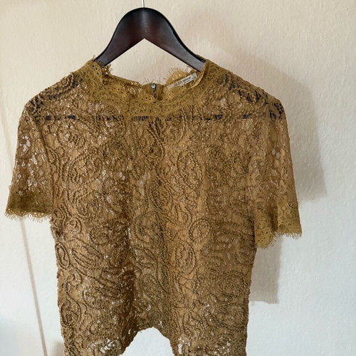 Zara women's lace transparent blouse large like new, beige-gold