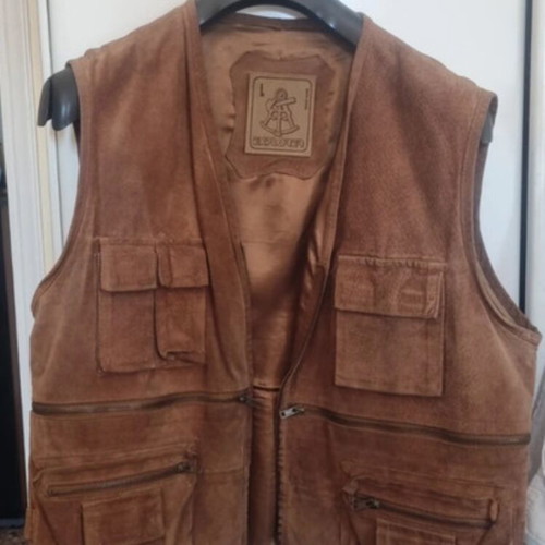 Explorer vintage men's leather vest used, brown with pockets
