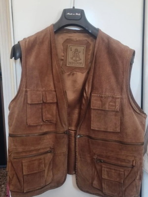 Explorer vintage men's leather vest used, brown with pockets