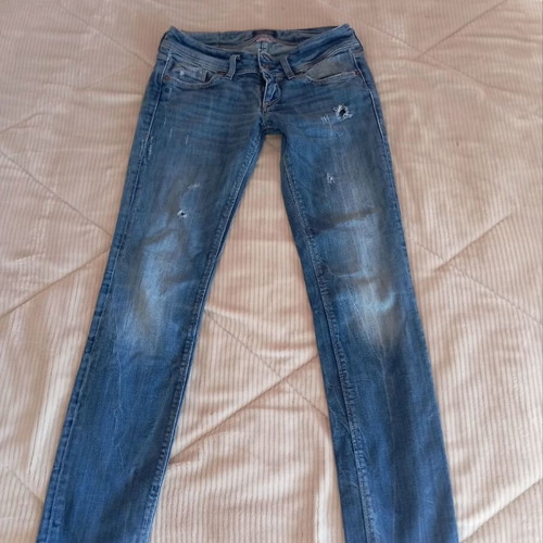 Devergo women's low-rise jeans used, light blue with rips, size XS