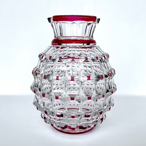 Val Saint Lambert Art Deco vase used, clear and ruby red crystal