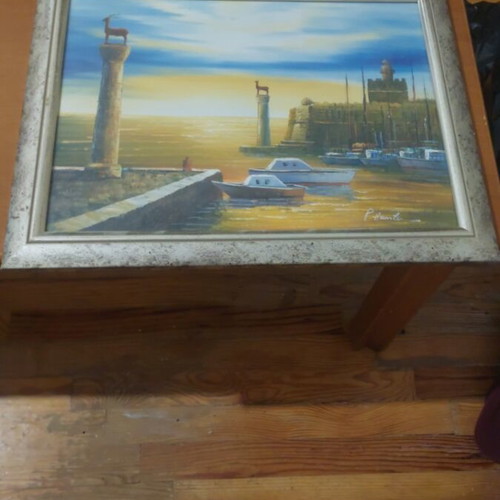 Oil painting on canvas like new, Rhodes harbor, signed by P. Hunter