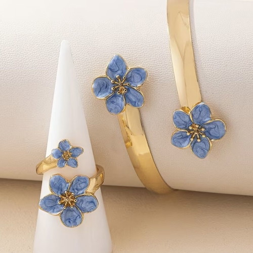 Jewelry set new, summer style with blue and gold flowers
